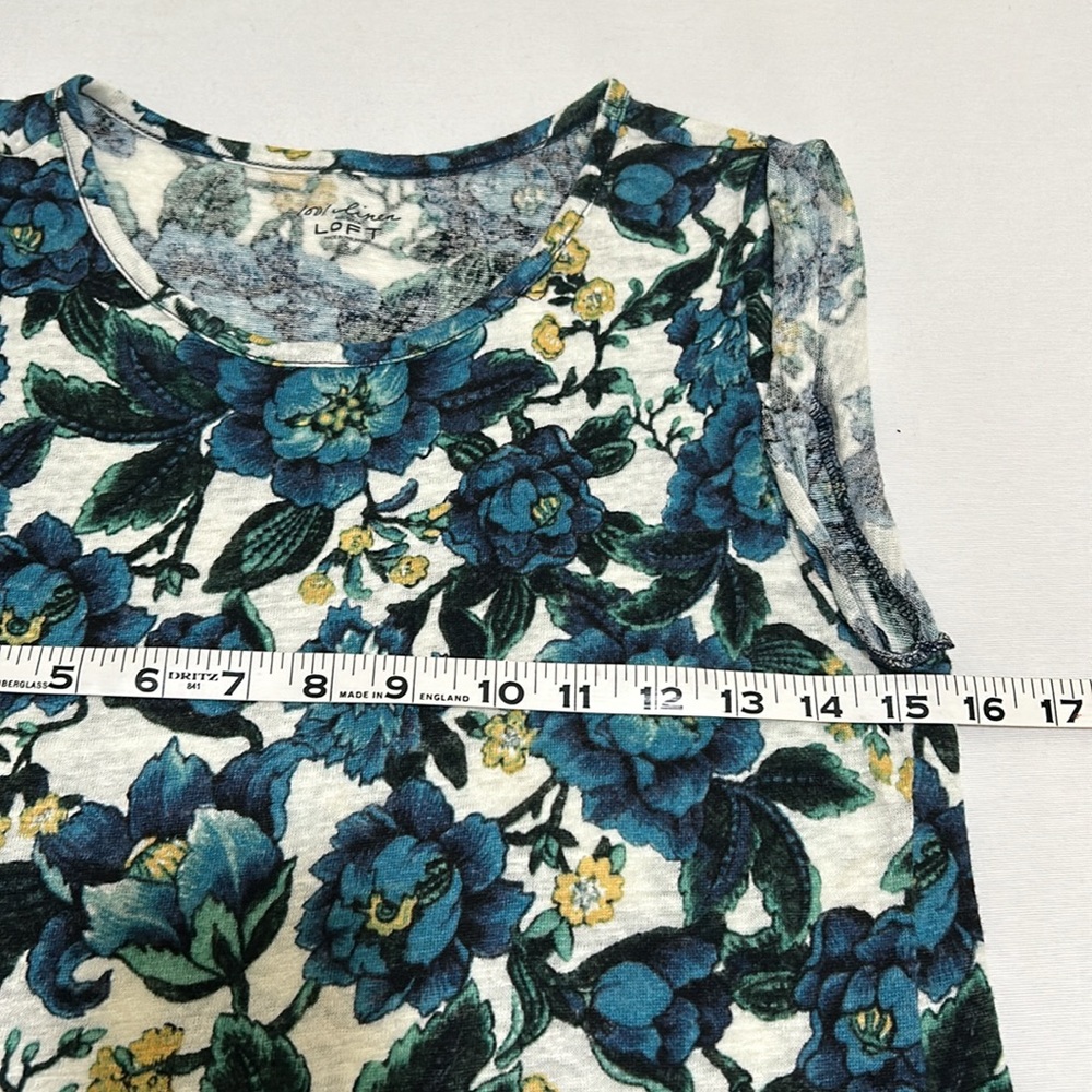 LOFT WOMEN 100% LINEN BLOUSE BLUE FLORAL SLEEVELESS SIZE SMALL - Picture 7 of 10